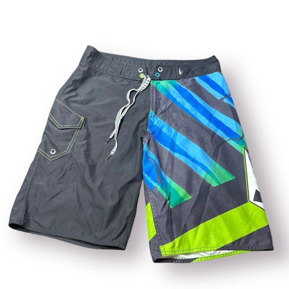 Volcom Gray Blue Striped Board Shorts Size 32" Swim Trunks Retro‎ Abstract Y2K - Picture 1 of 4